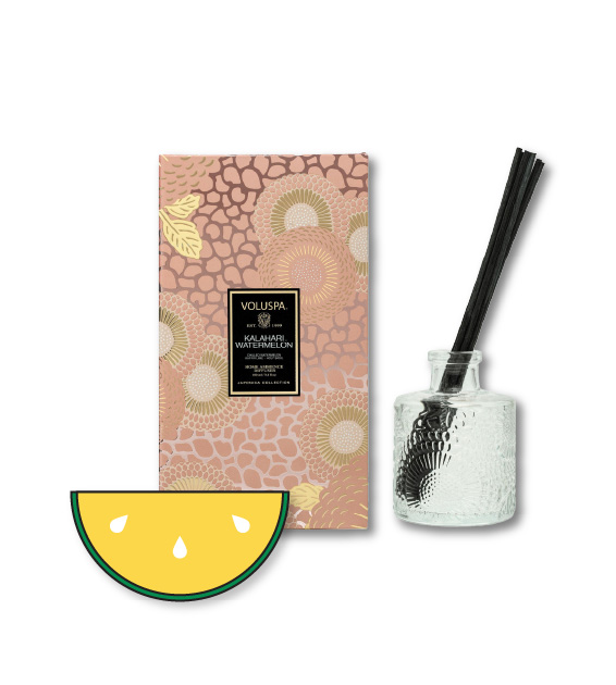 voluspa kalahair watermelon diffuser with illustration of kalahari watermelon